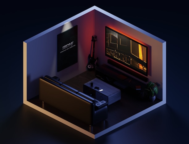 A hexagonal room featuring a modern, dimly lit entertainment setup with a large wall-mounted screen and ambient lighting. A couch faces the screen, and a guitar stands against the wall. A small table holds a drink, and there's a potted plant in the corner, adding a touch of greenery. A poster is displayed on the wall providing an artistic touch.