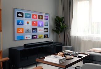 A modern living room featuring a mounted flat-screen TV displaying various streaming service icons. The room includes a black entertainment console beneath the TV, a brown wooden coffee table with books and remote controls, a gray sofa, and a tall green plant near a large window with sheer white curtains.